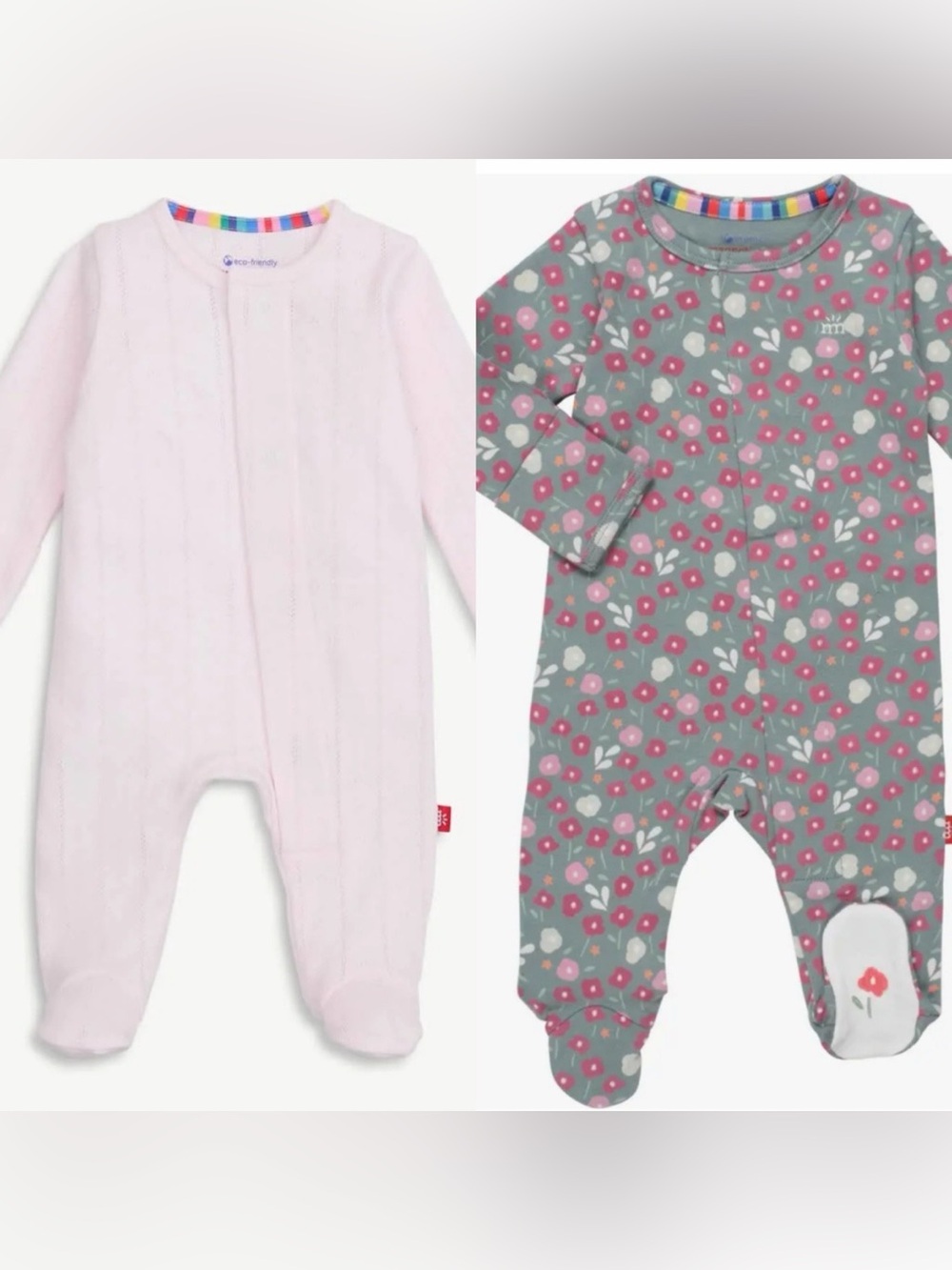 Floral and Light Pink Footed Organic Cotton One-Piece Sleepsuits - 2 Pack